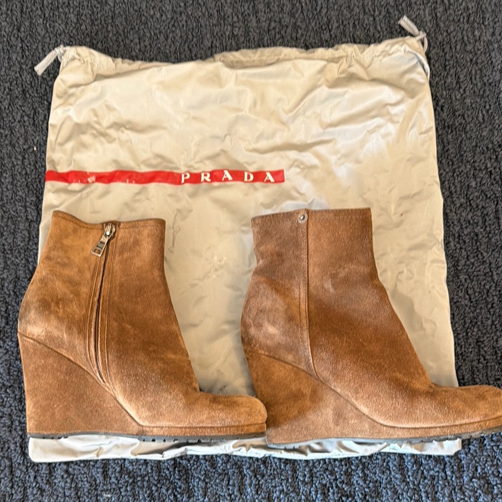 Prada Women’s Brown Suede Wedge Ankle Boots